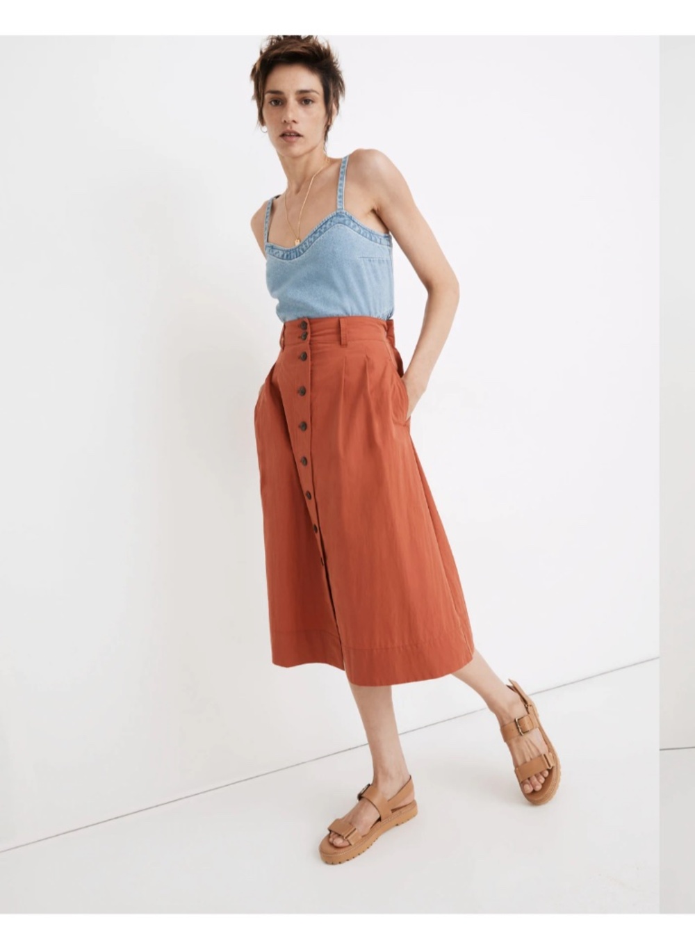 Madewell Poplin Pleated Button Front Midi Skirt NEW Sz 10 Russet Color - Picture 8 of 9